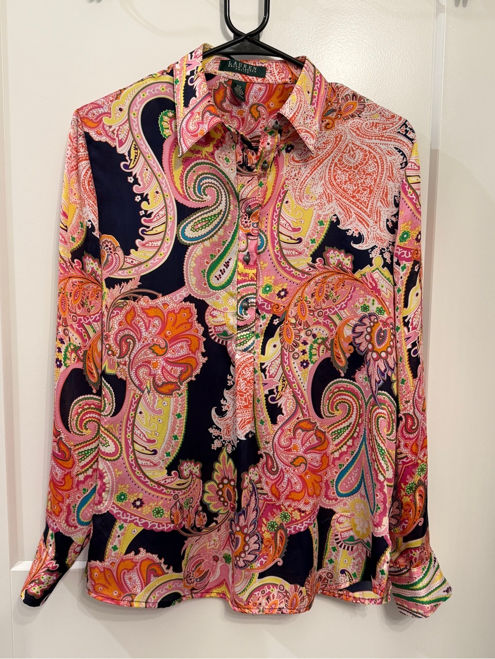 Ralph Lauren Navy Pink Orange Paisley Silk-Feel Button Down Shirt
